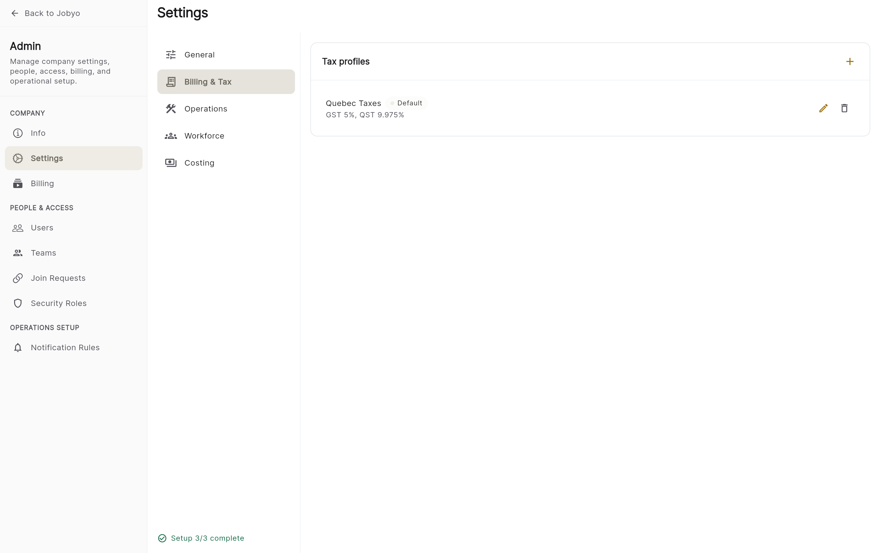 Billing and Tax — existing profiles list and Add profile action