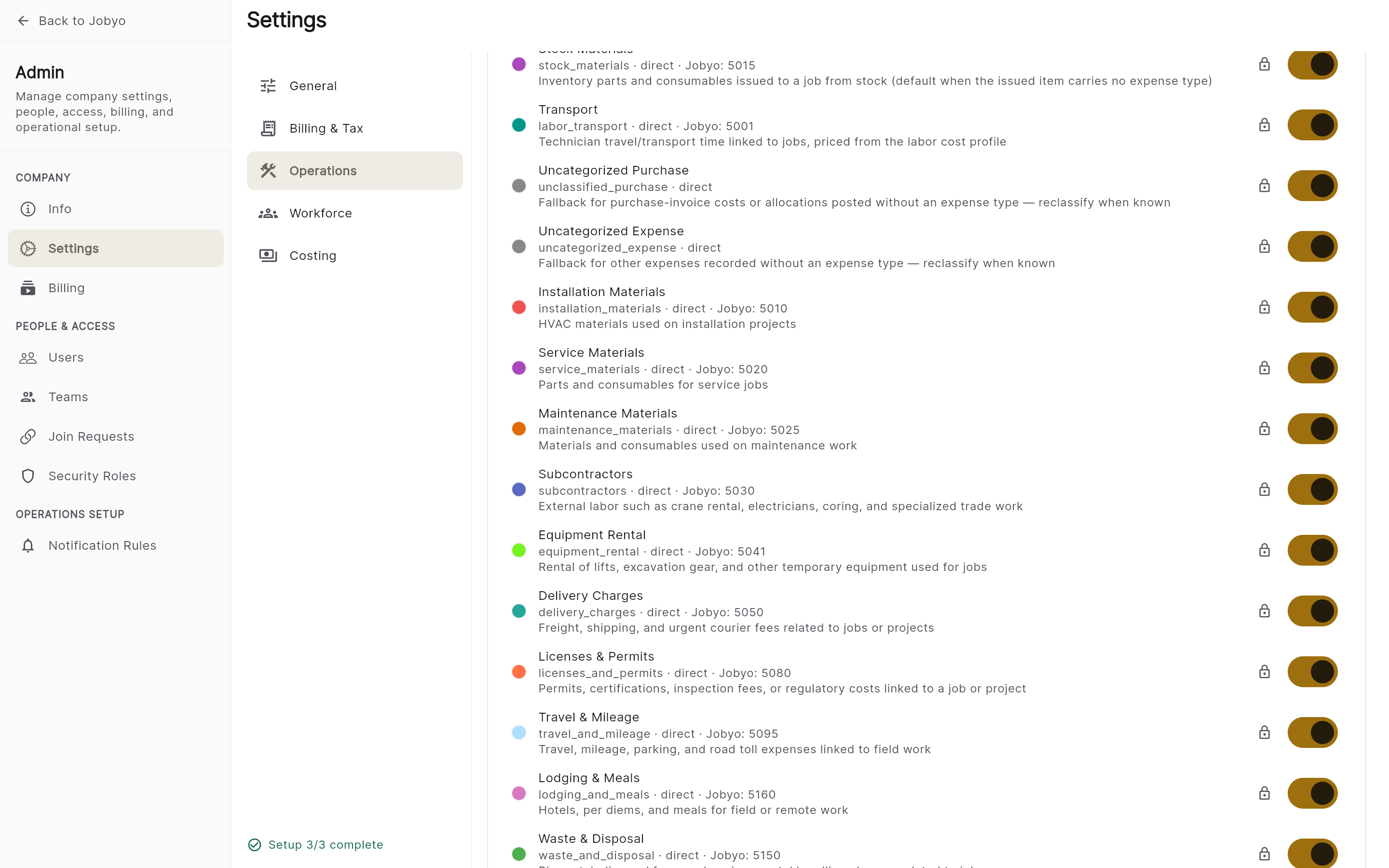 Expense types — system types with a lock badge, plus custom types