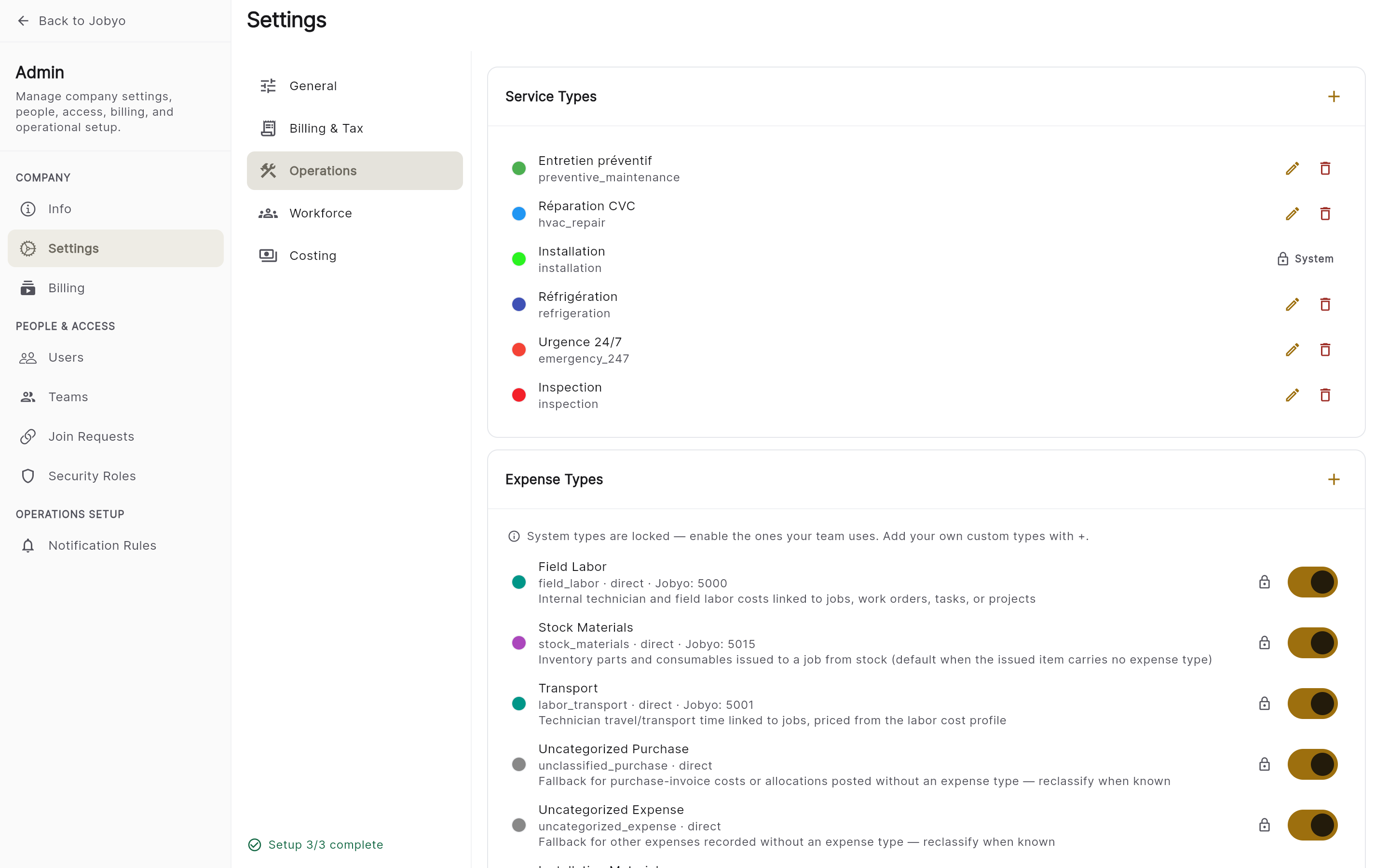 Operations — Service types list with an Add action