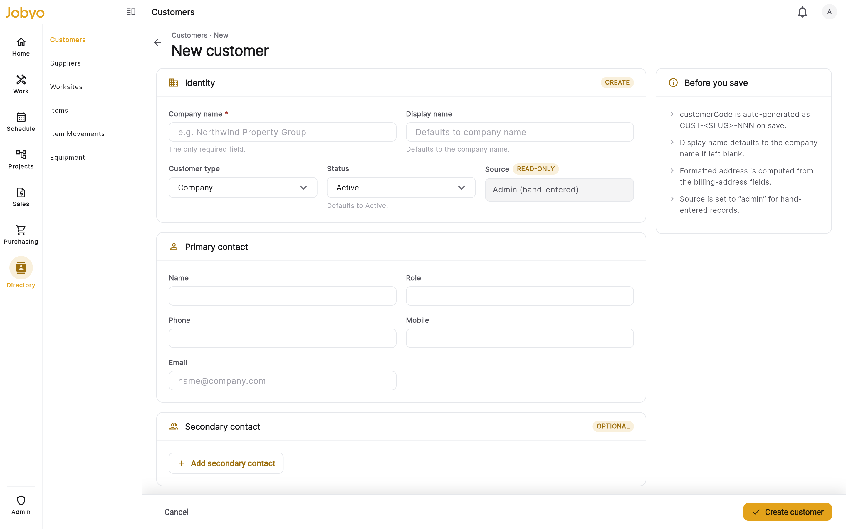 Create form โ Identity section, Company name required