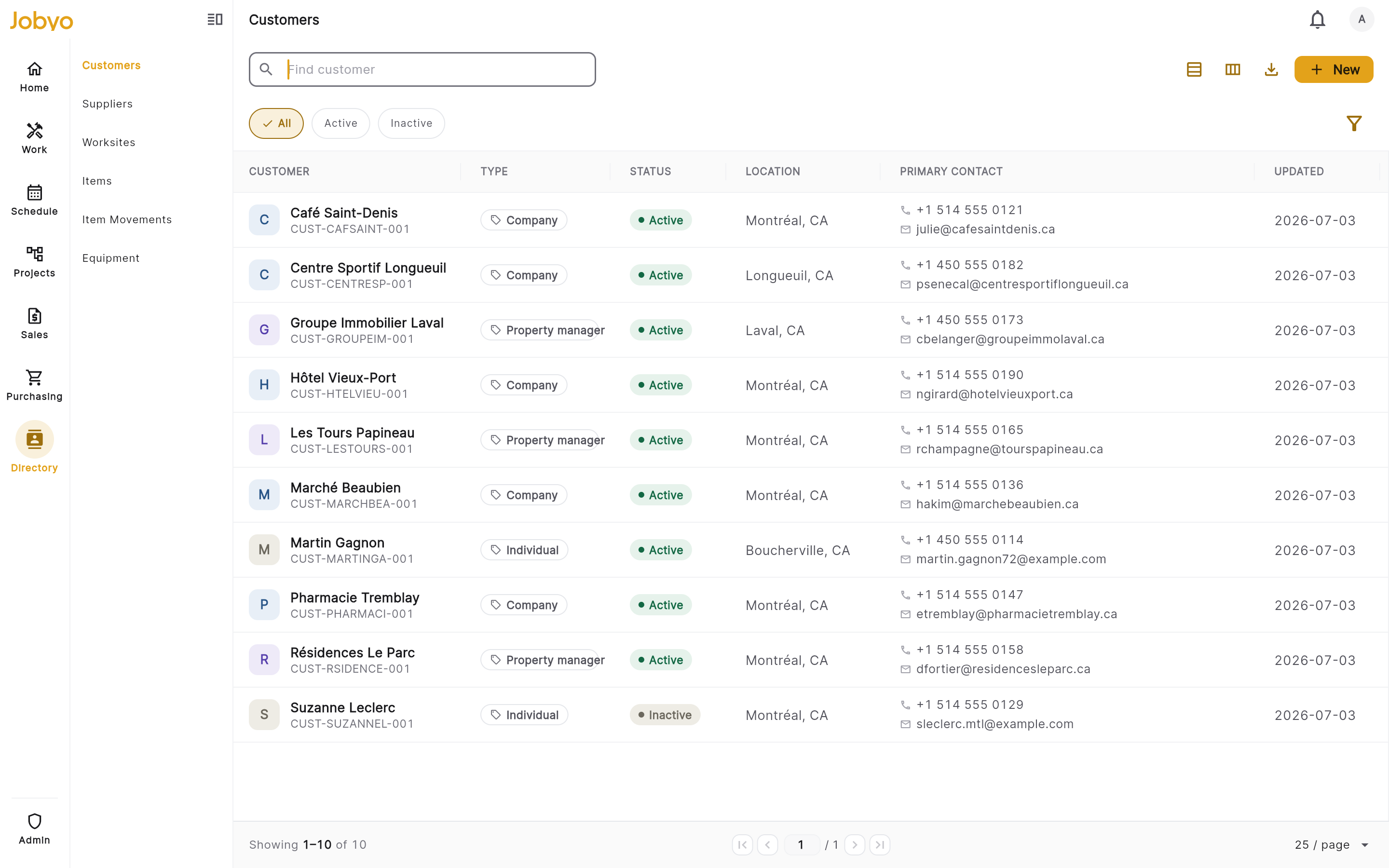 Customer list โ search box, filter row, status badges