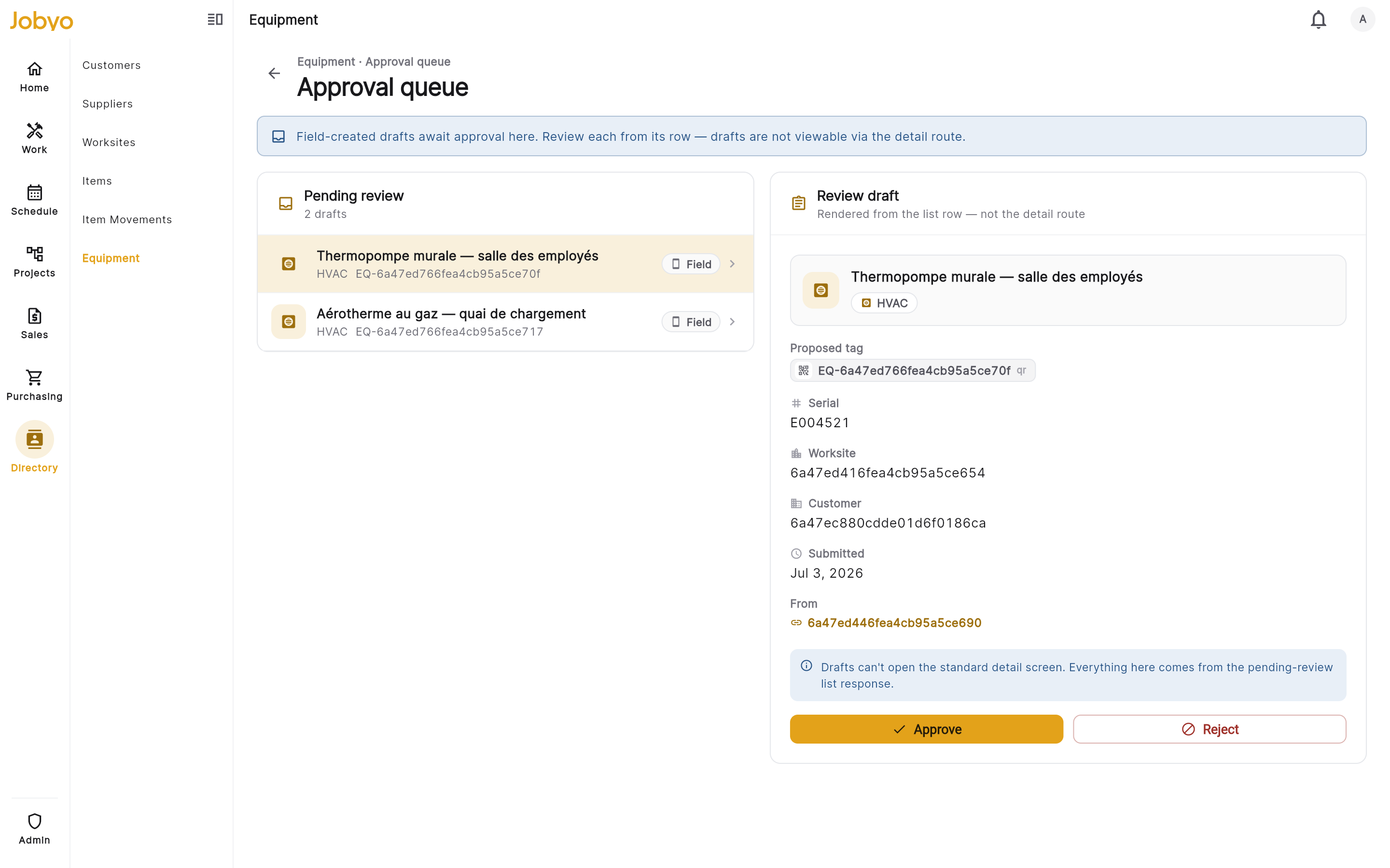 Approval queue โ draft list on the left, review panel on the right