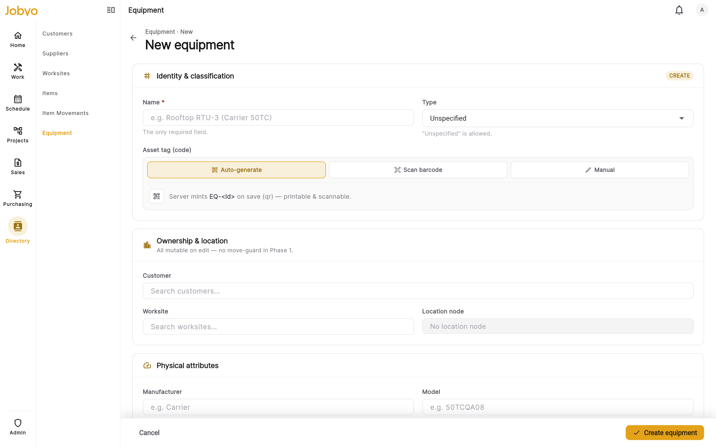 Create form โ Name required, type, links, physical attributes, asset tag