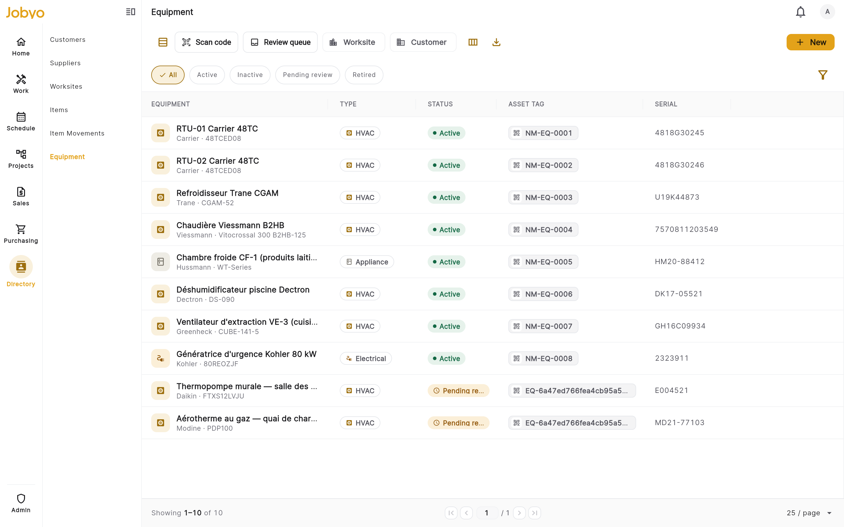 Equipment list โ status pills, filter chips, Scan code / Review queue / New toolbar