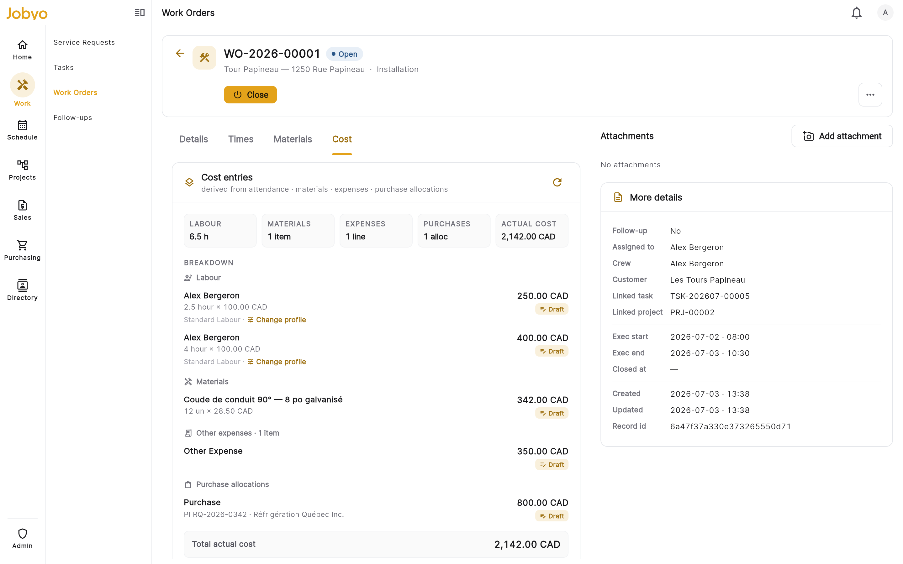 Add expense — description, quantity, unit price, total, type