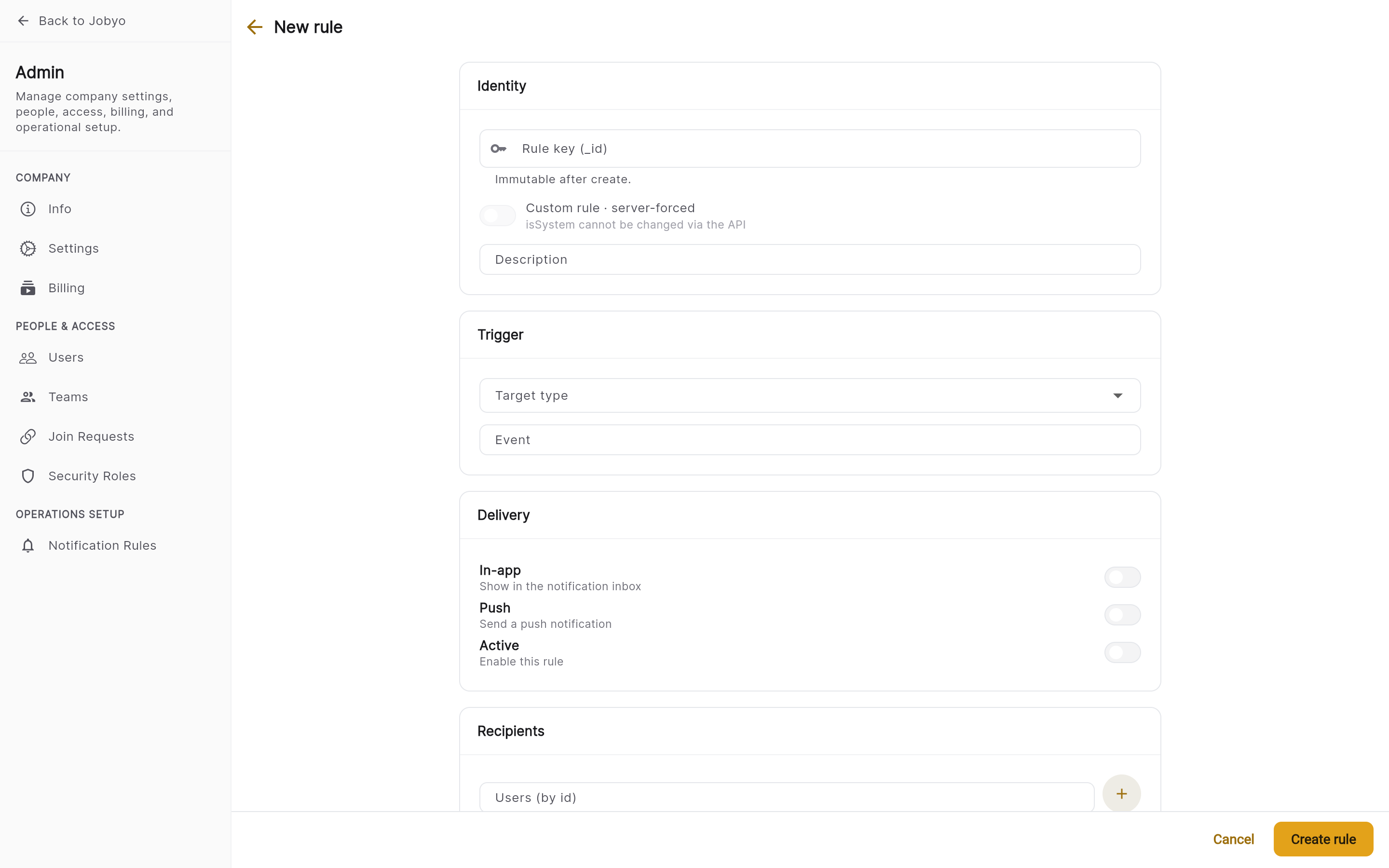 New rule form β event key, entity type, event, channels