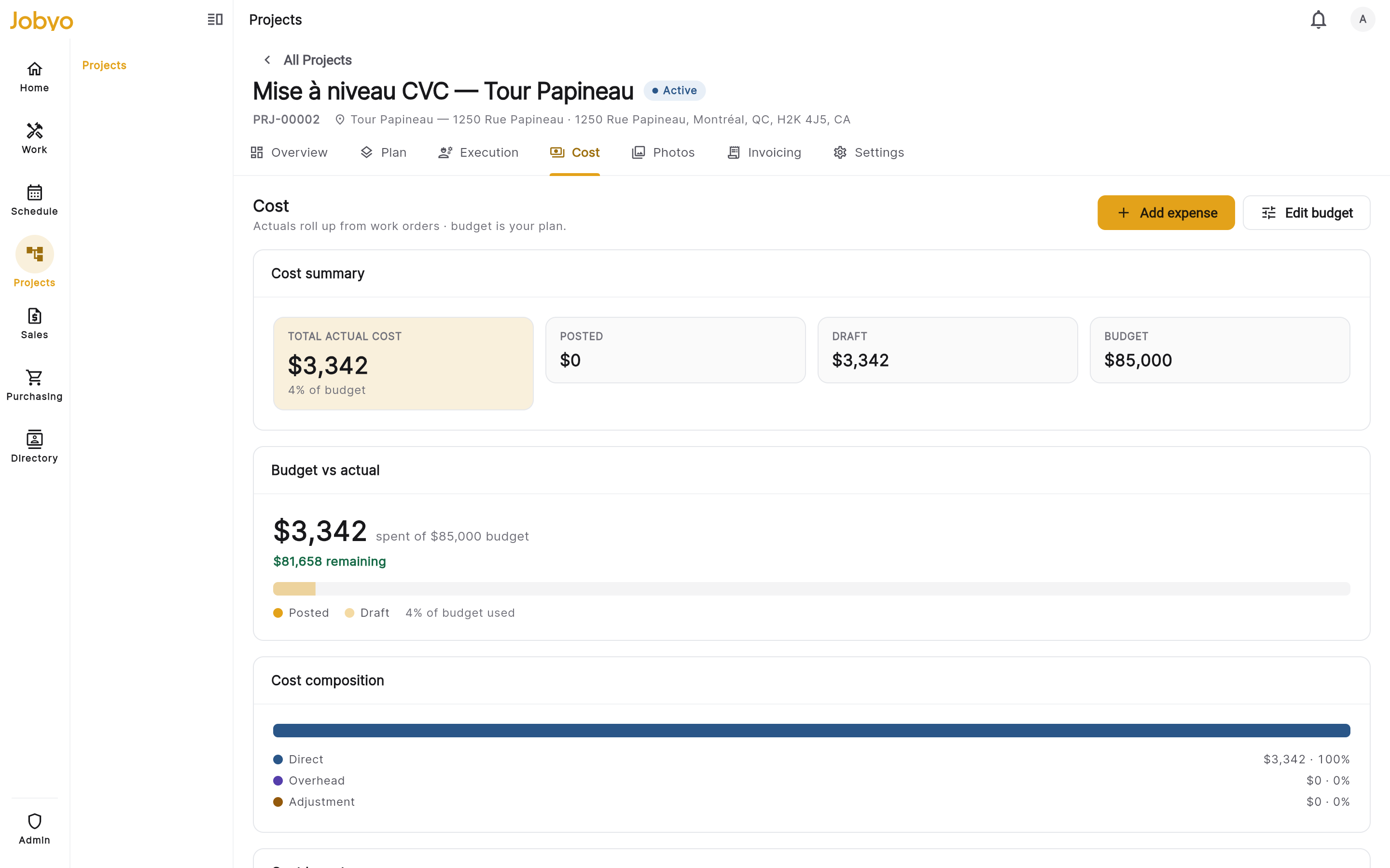 Cost tab — summary tiles, budget-vs-actual bar, Edit budget action
