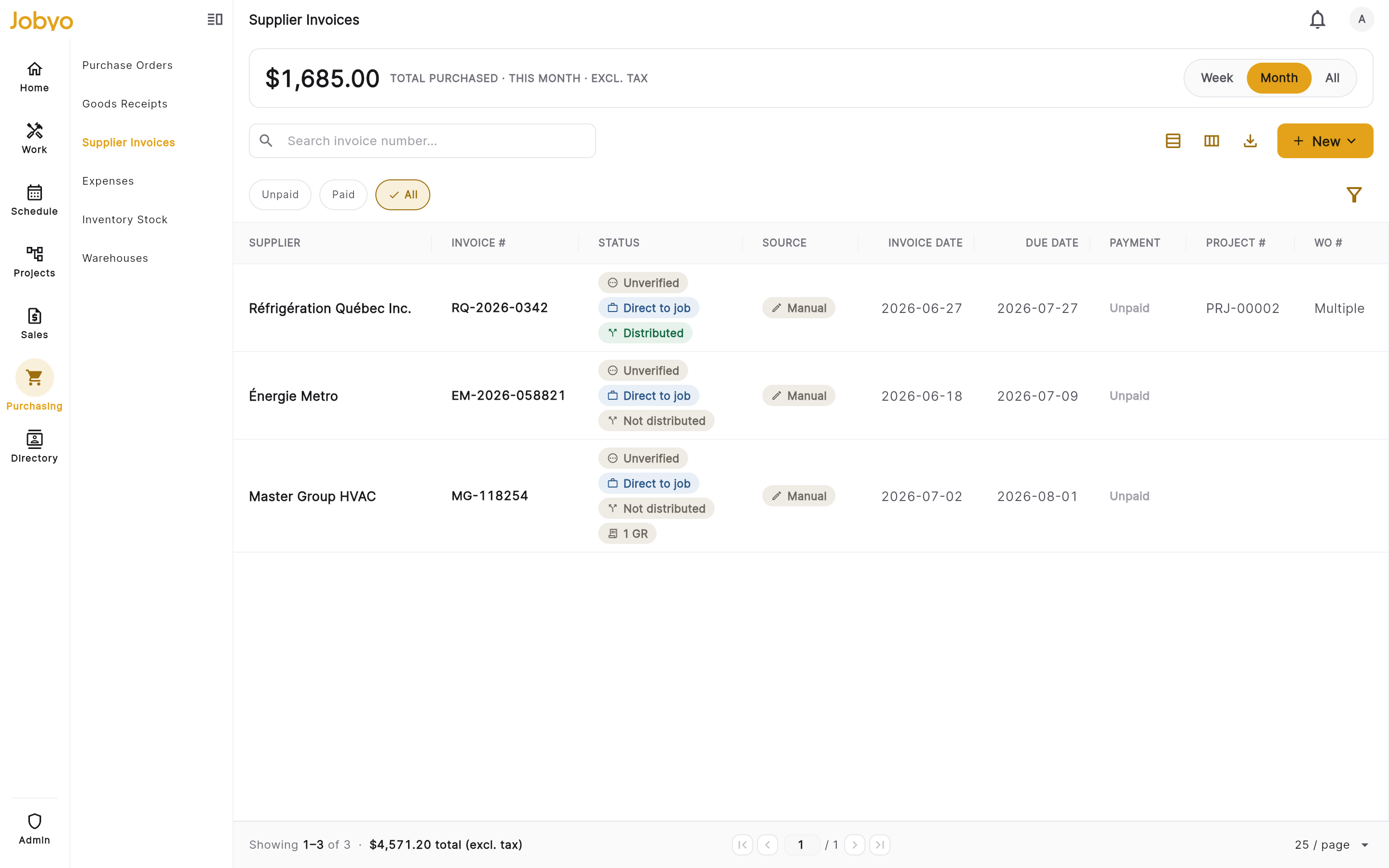 Purchase-invoice list β Total-purchased KPI card + period switcher, Unpaid/Paid pills, search and the New split button