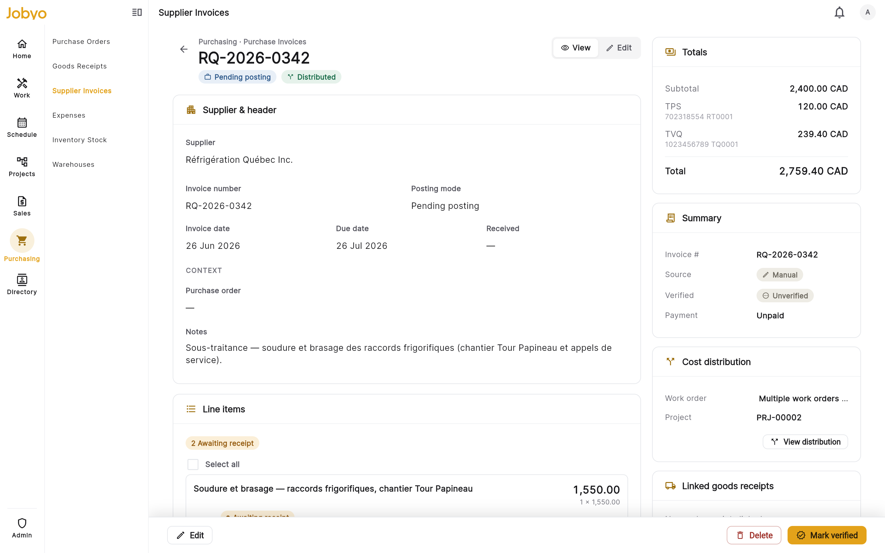 "Reading invoiceβ¦" β the document model extracts supplier, dates, line items and totals