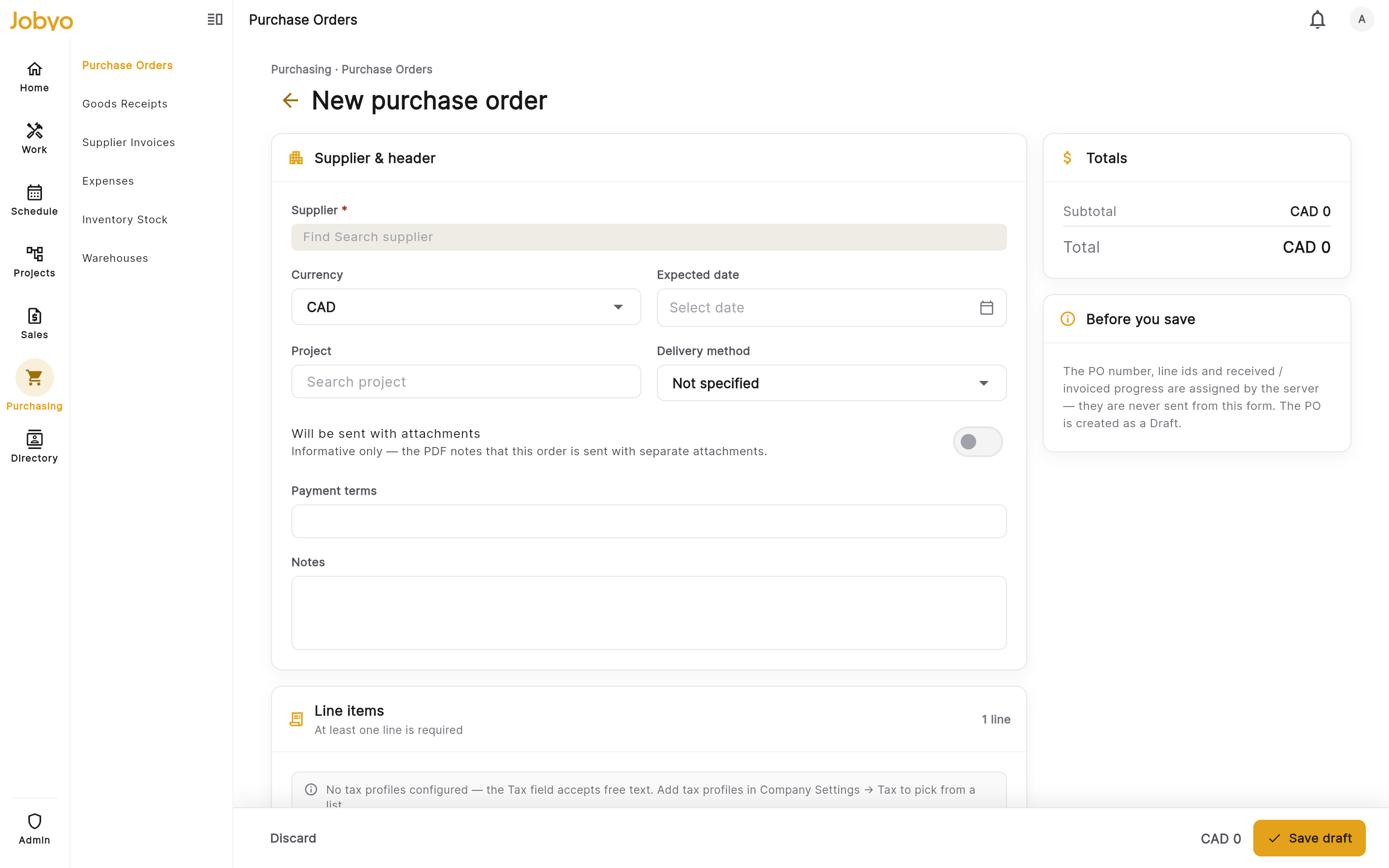 Create form โ supplier picker and first line row