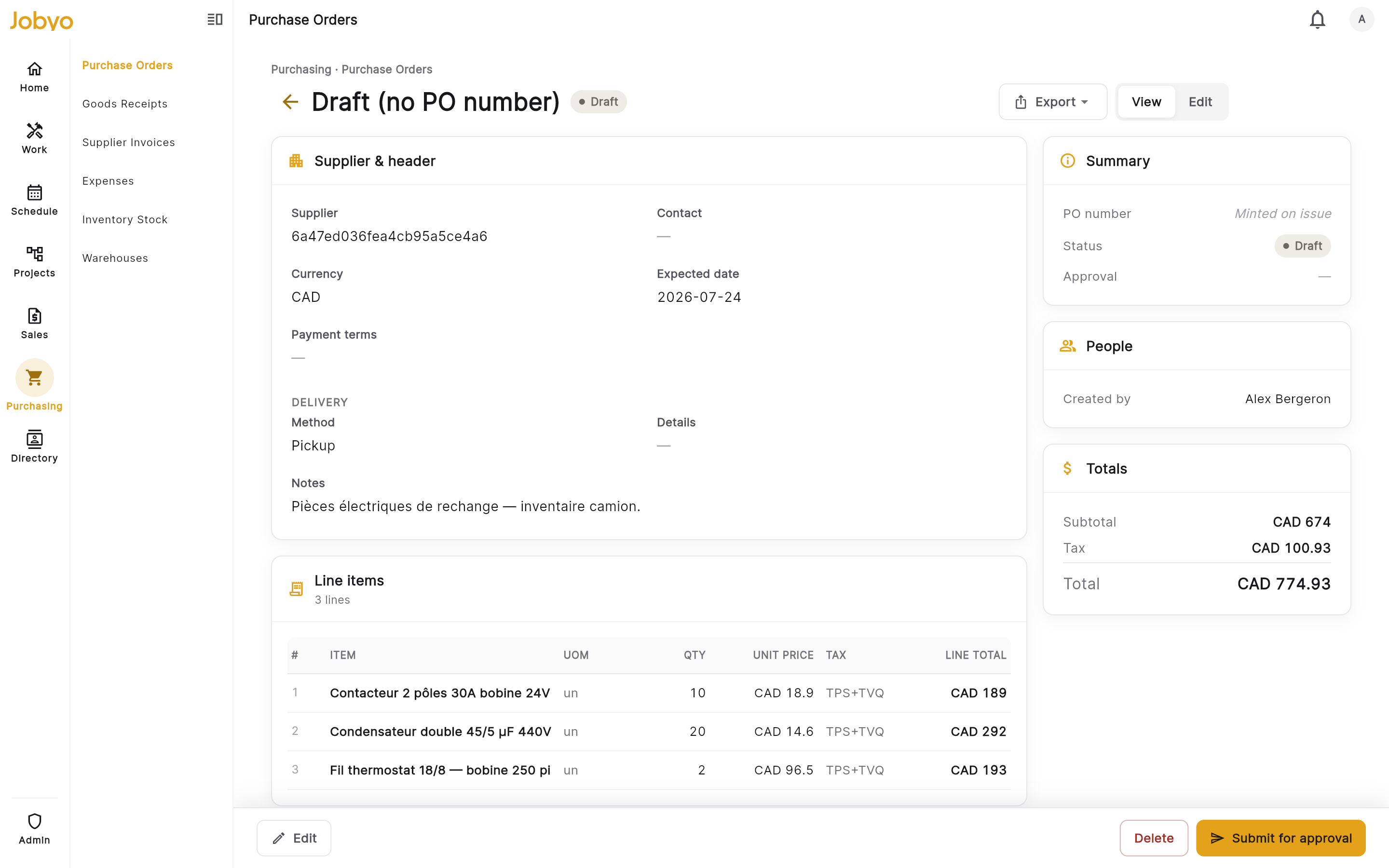 PO detail โ header, lines, fulfillment progress, status action bar