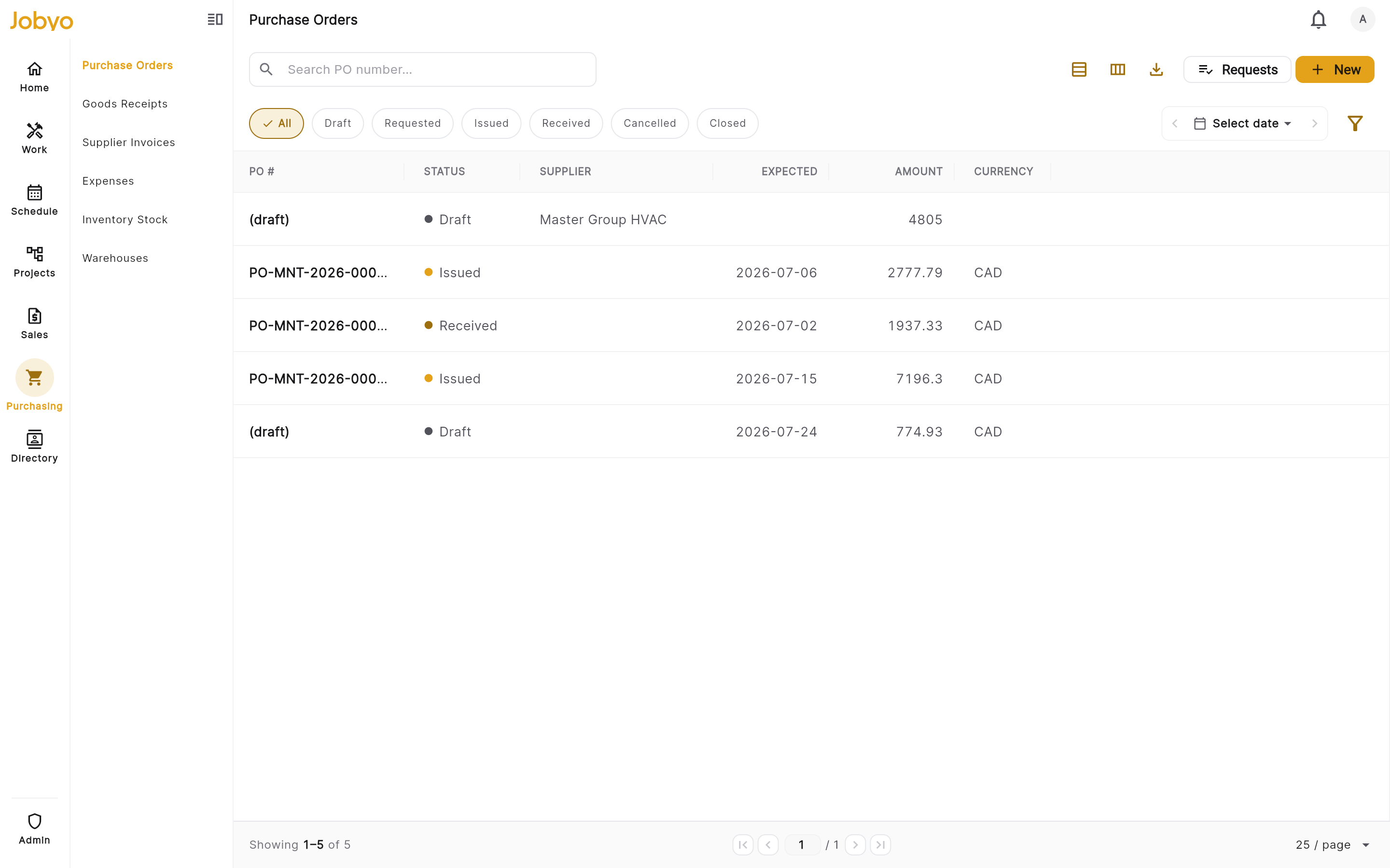 Purchase order list โ status badges, supplier, totals, filters
