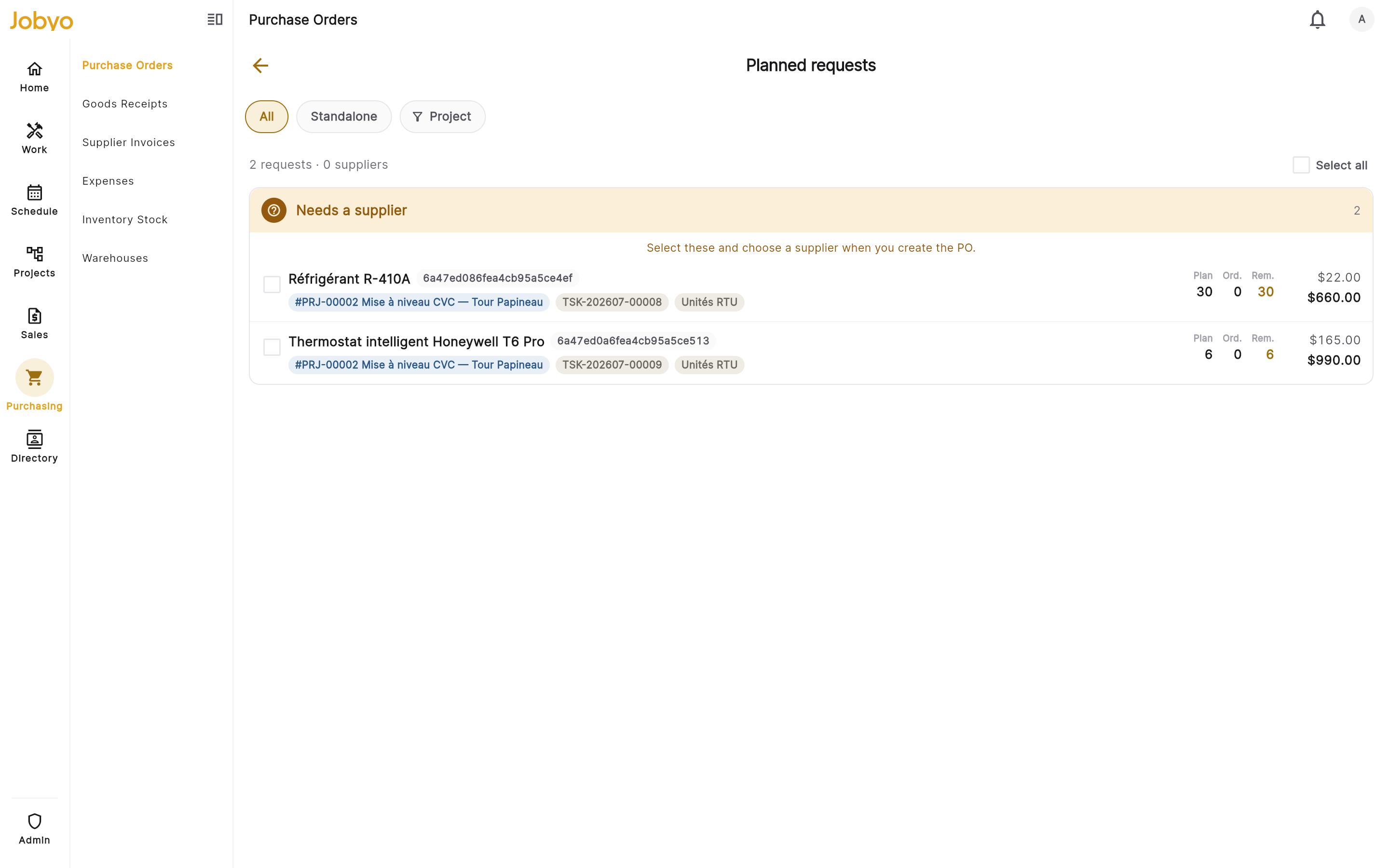 Planned-requests queue โ supplier groups, per-line job context, ordered vs remaining