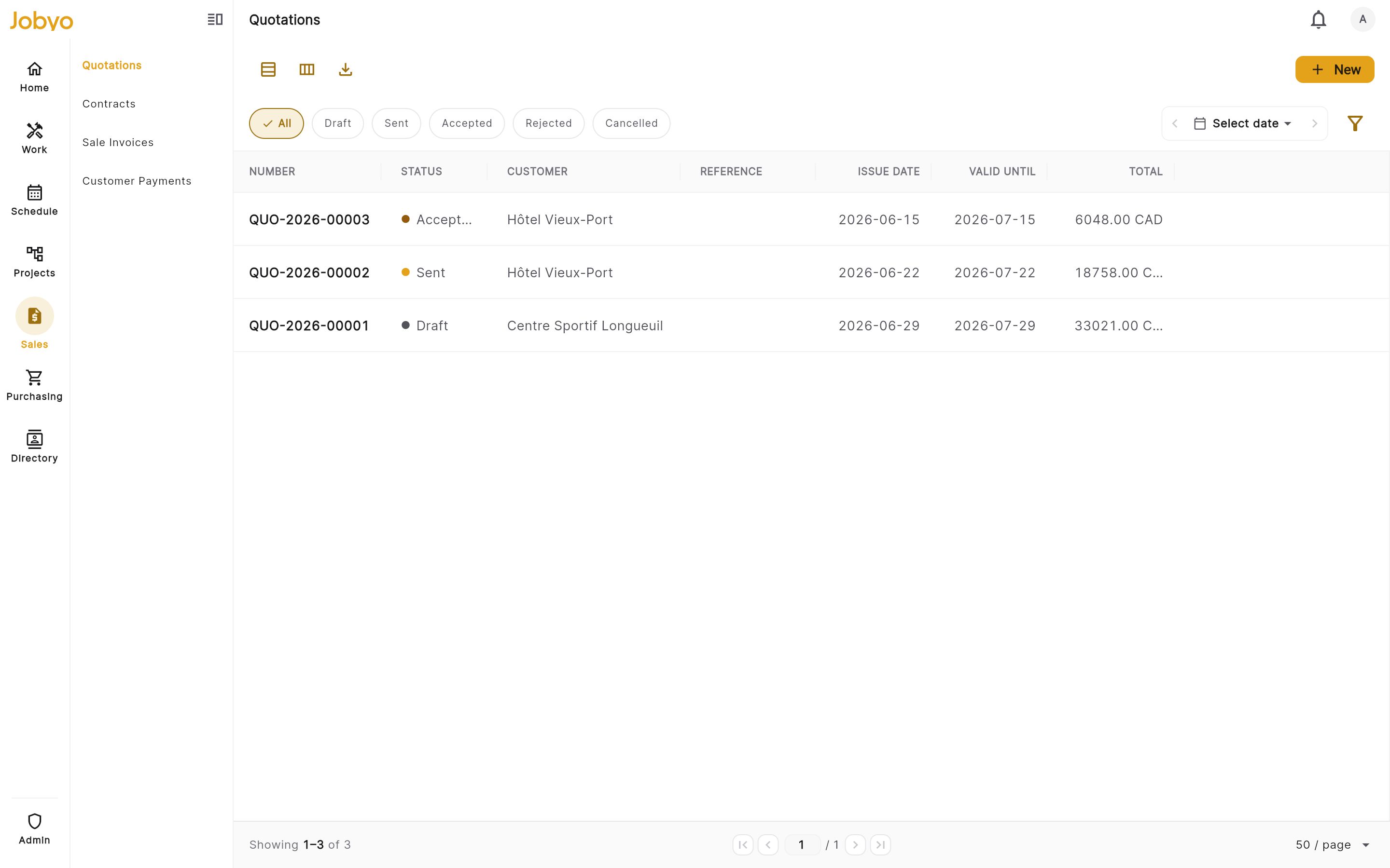 Quotations list — "New quotation" button, plus the status/customer/project filters and table/tiles toggle