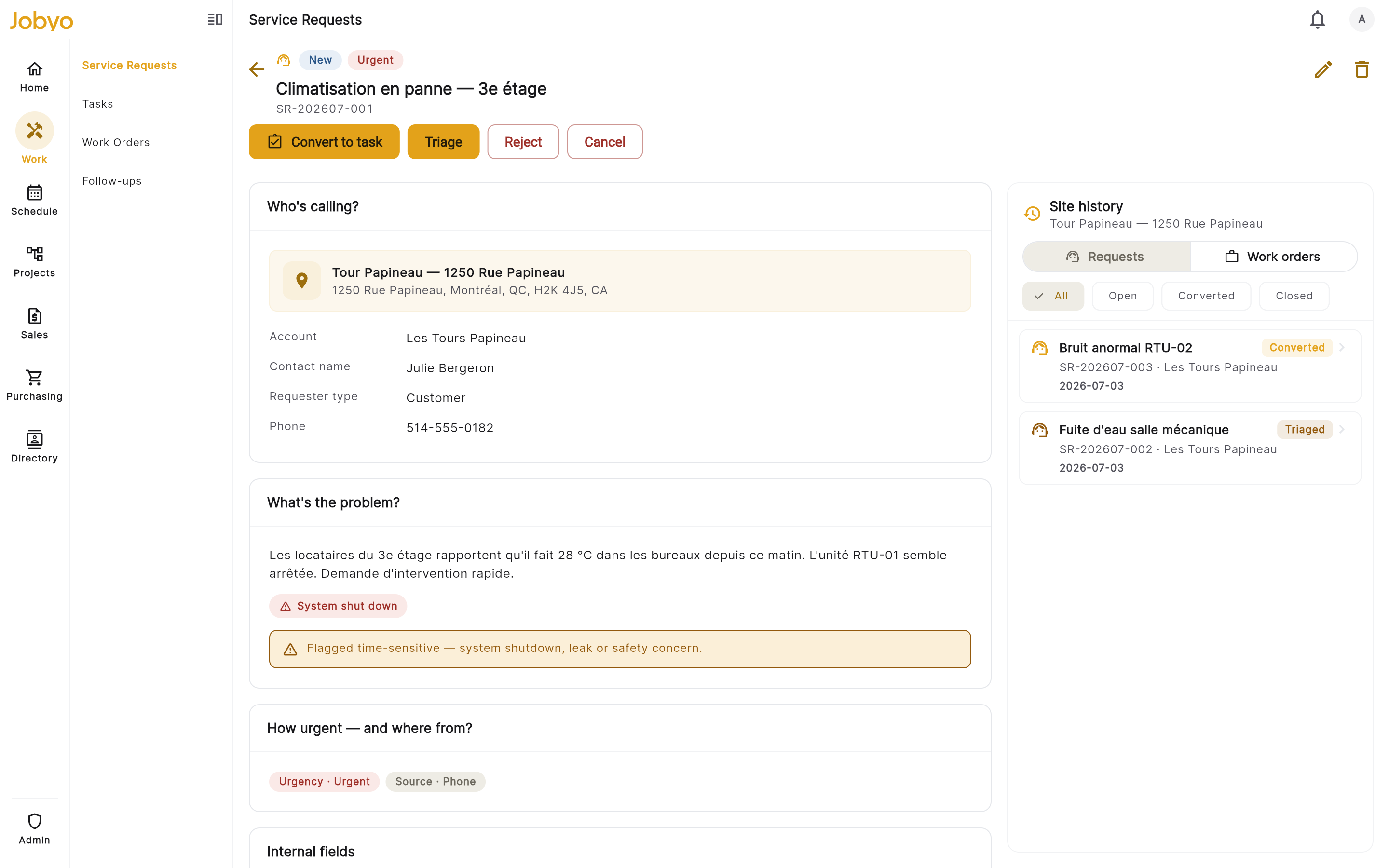 Request detail — status header, grouped sections, and lifecycle action bar