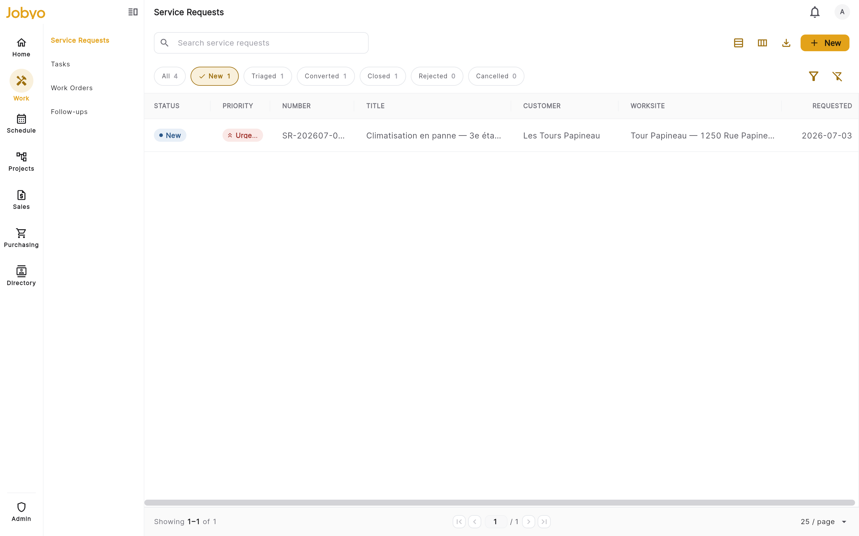 Service requests list — new-request button and status pills