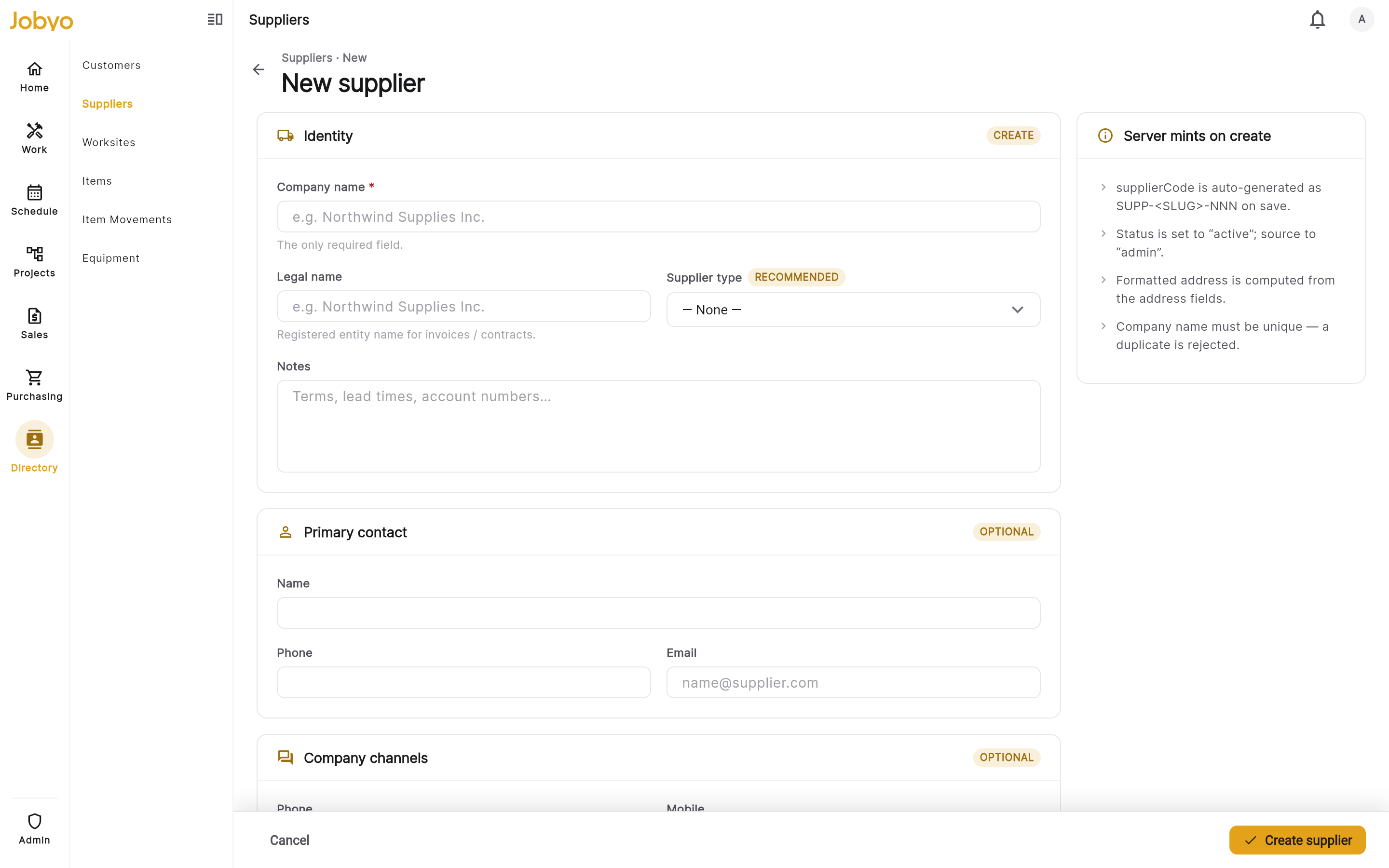 Create form — Identity section with the required Company name field