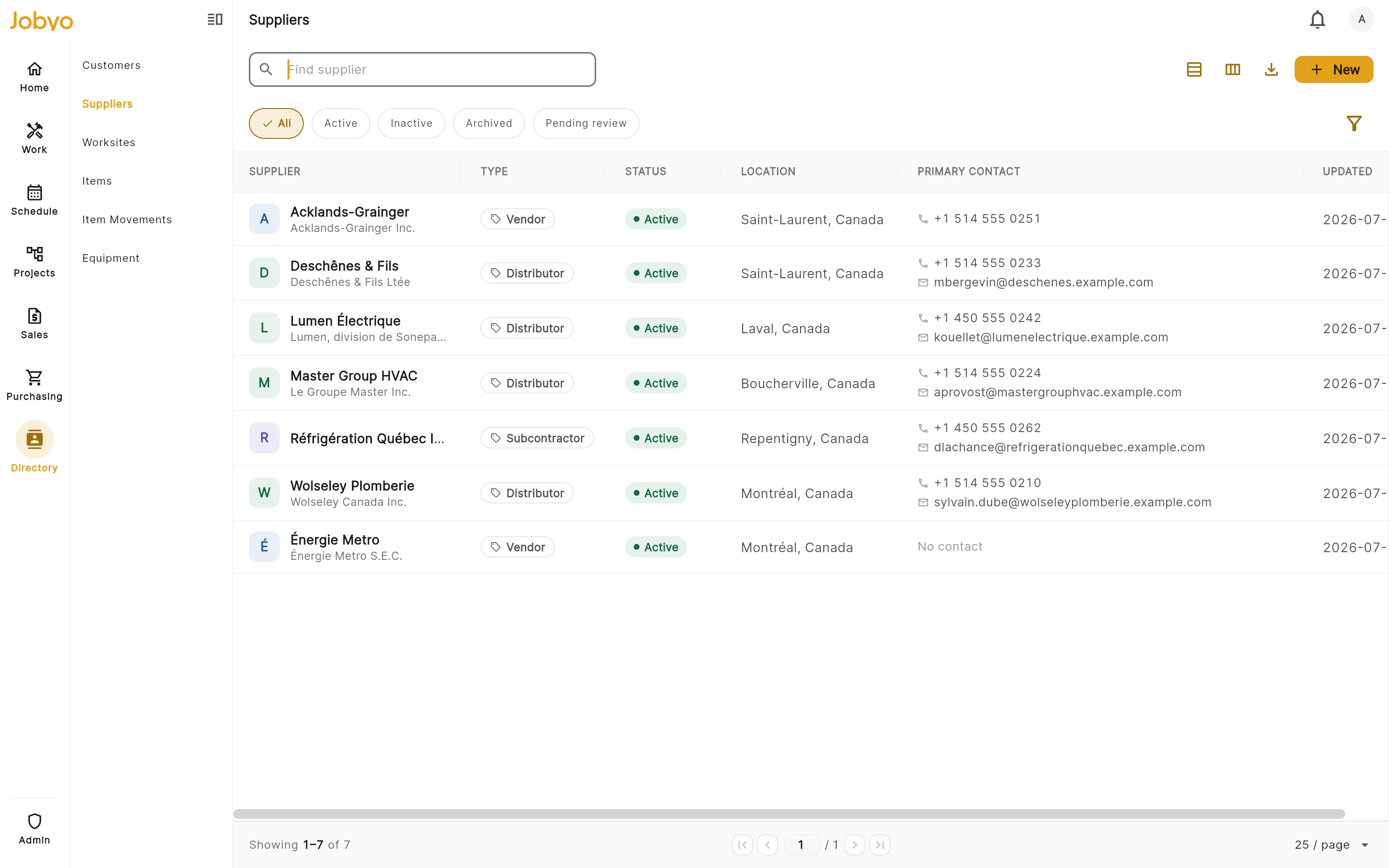 Supplier directory — active suppliers, search bar and filter pills