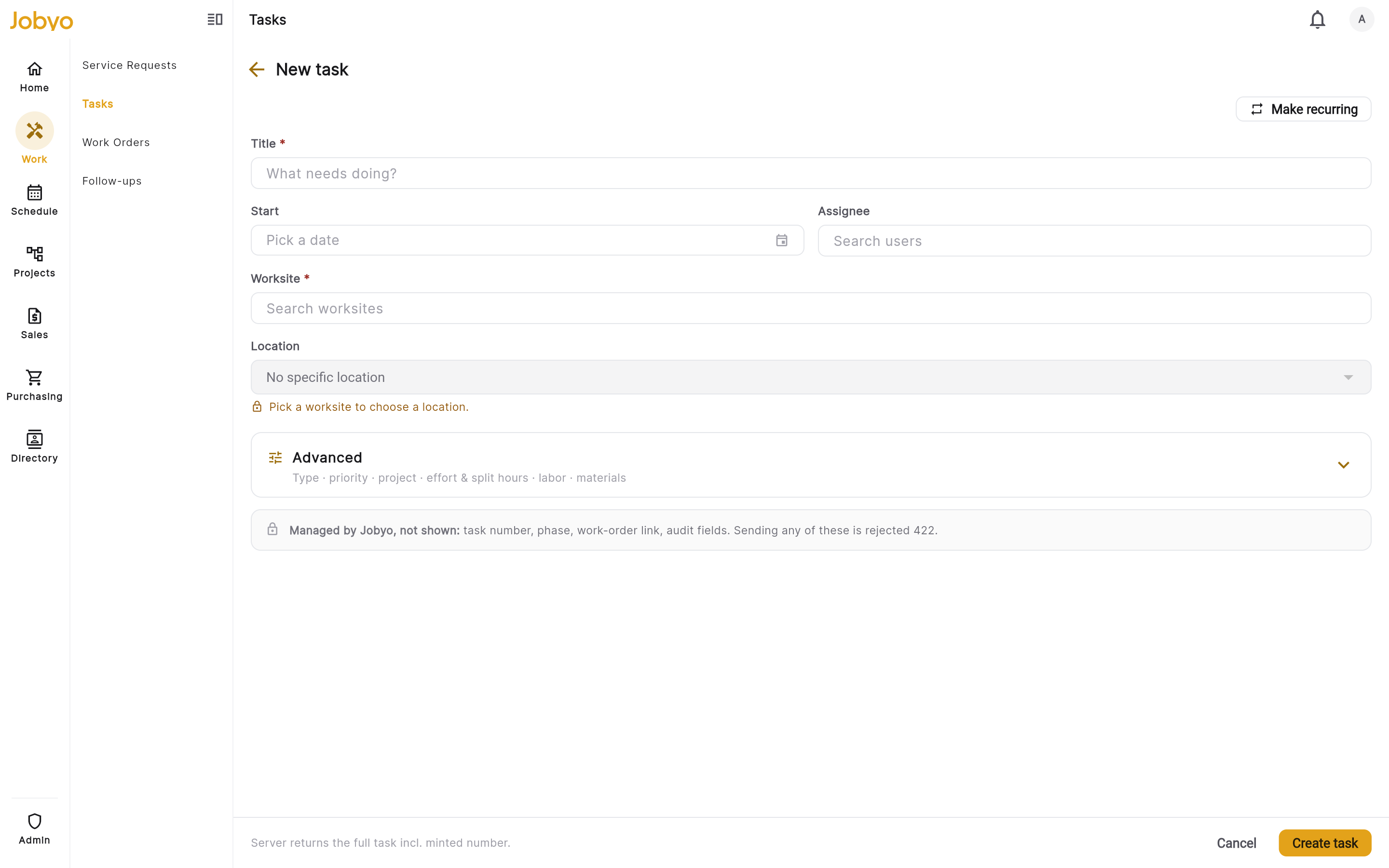 New task form โ classification, context, assignment, schedule, materials