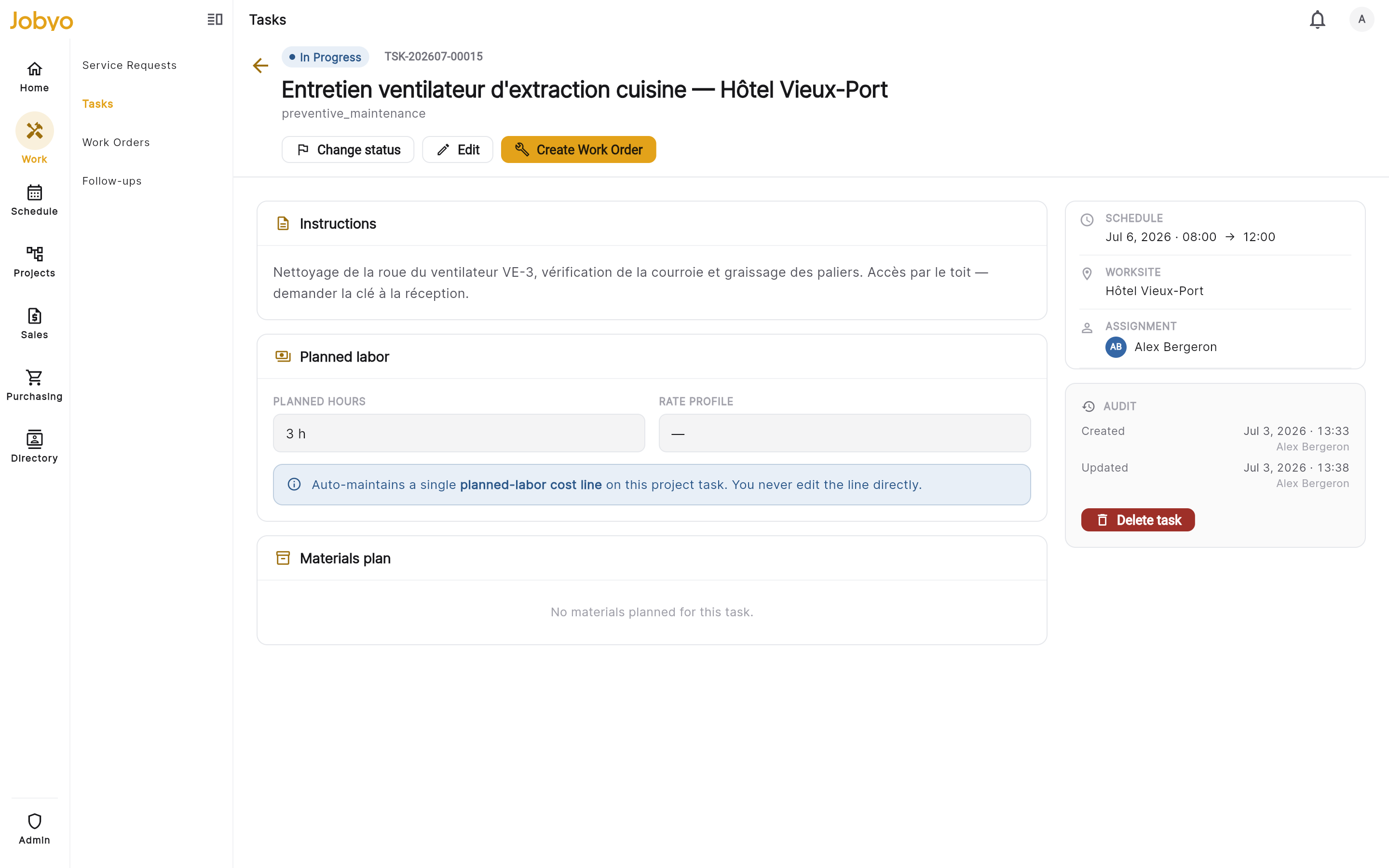 Task detail โ Create Work Order action