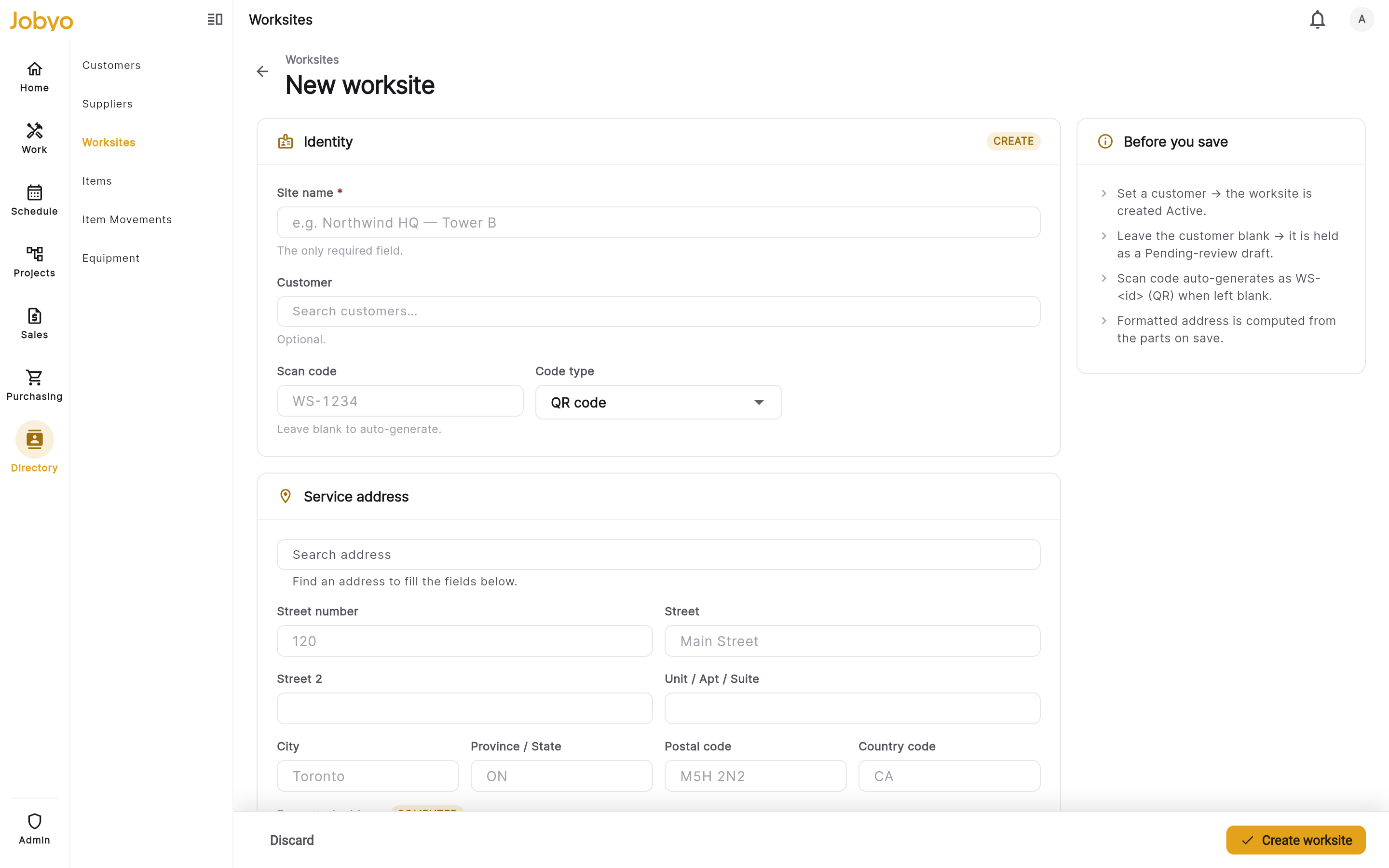 Create form โ Site name required, customer and address sections