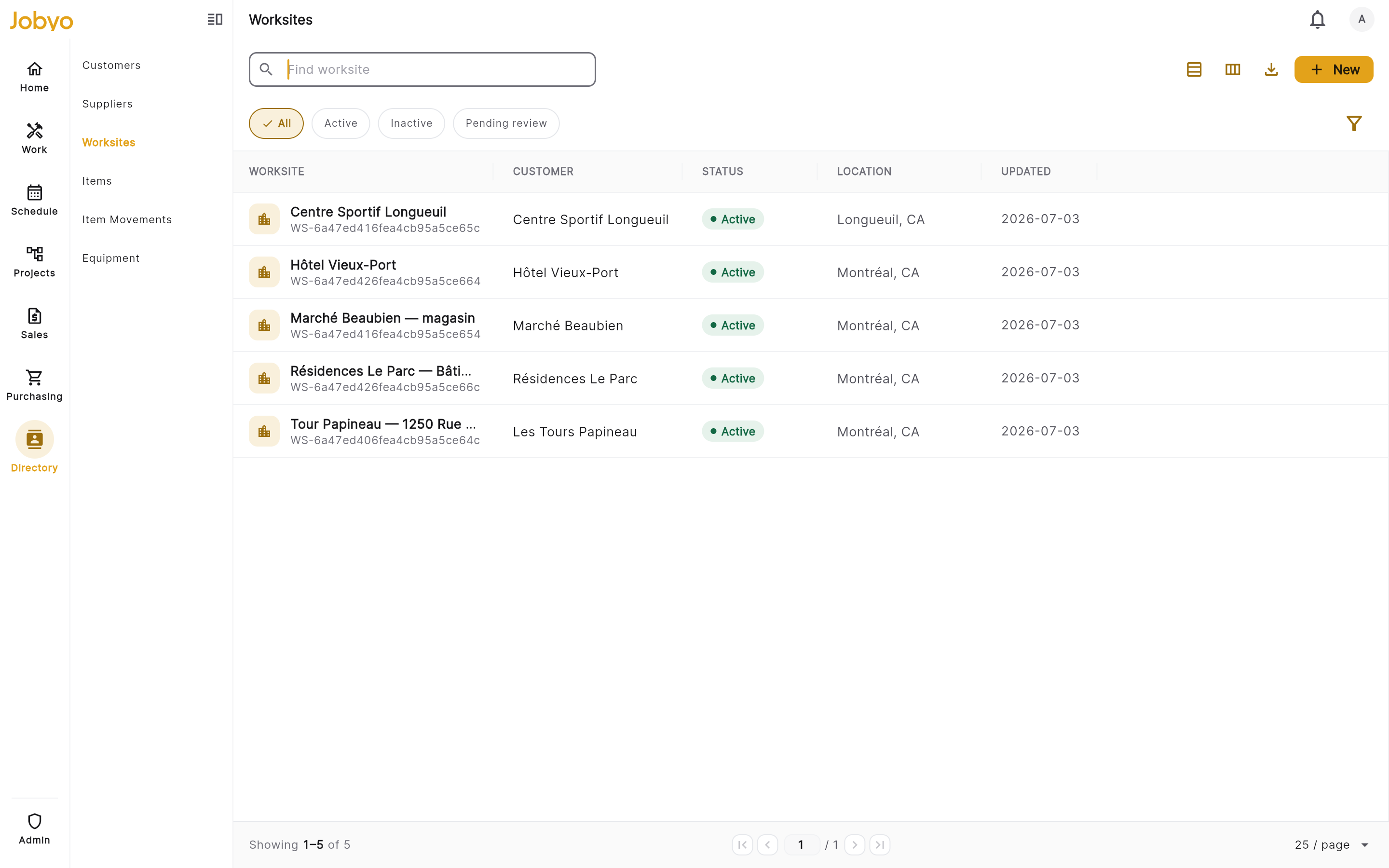 Worksite list โ search box, filter row, status badges
